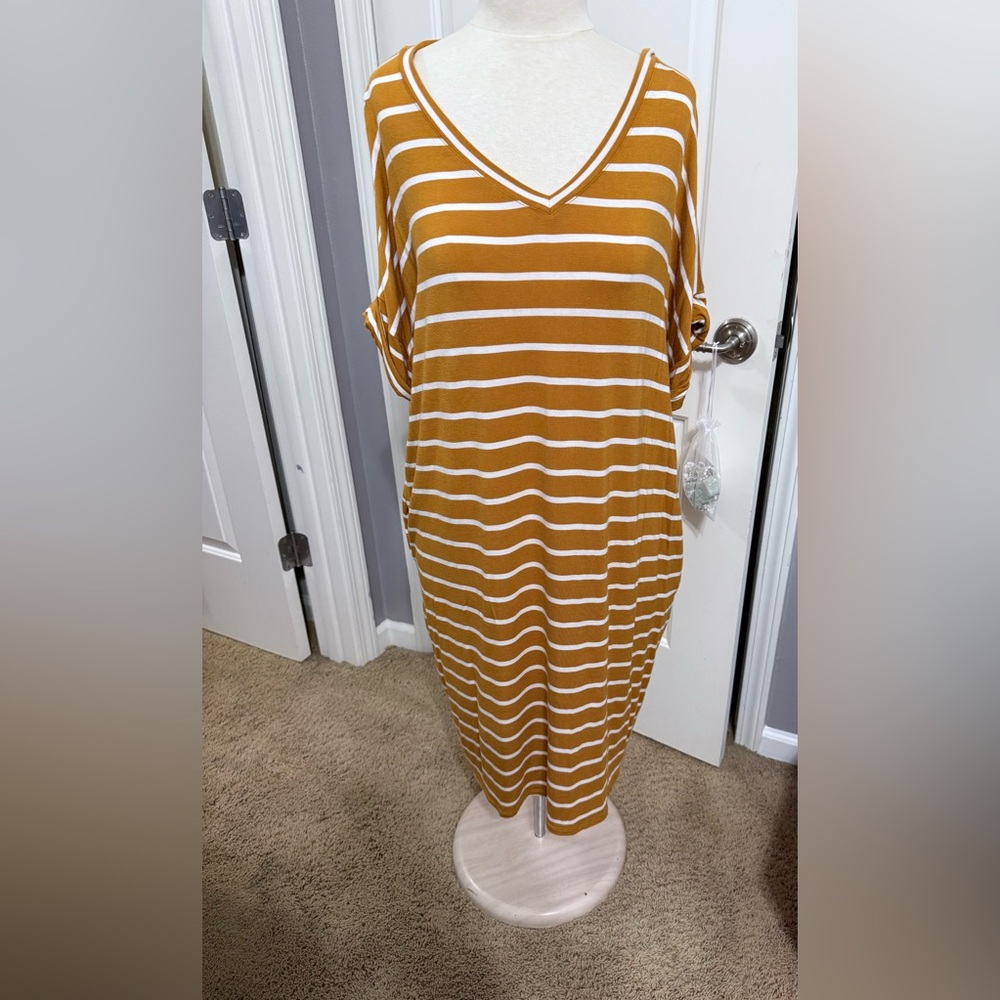 Zenana Mustard and White Striped Midi Dress 2X